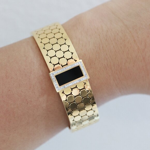 16.8mm Black/Gold with Rhinestone Behive Style Bangle Bracelet Stainless Steel - Picture 1 of 5